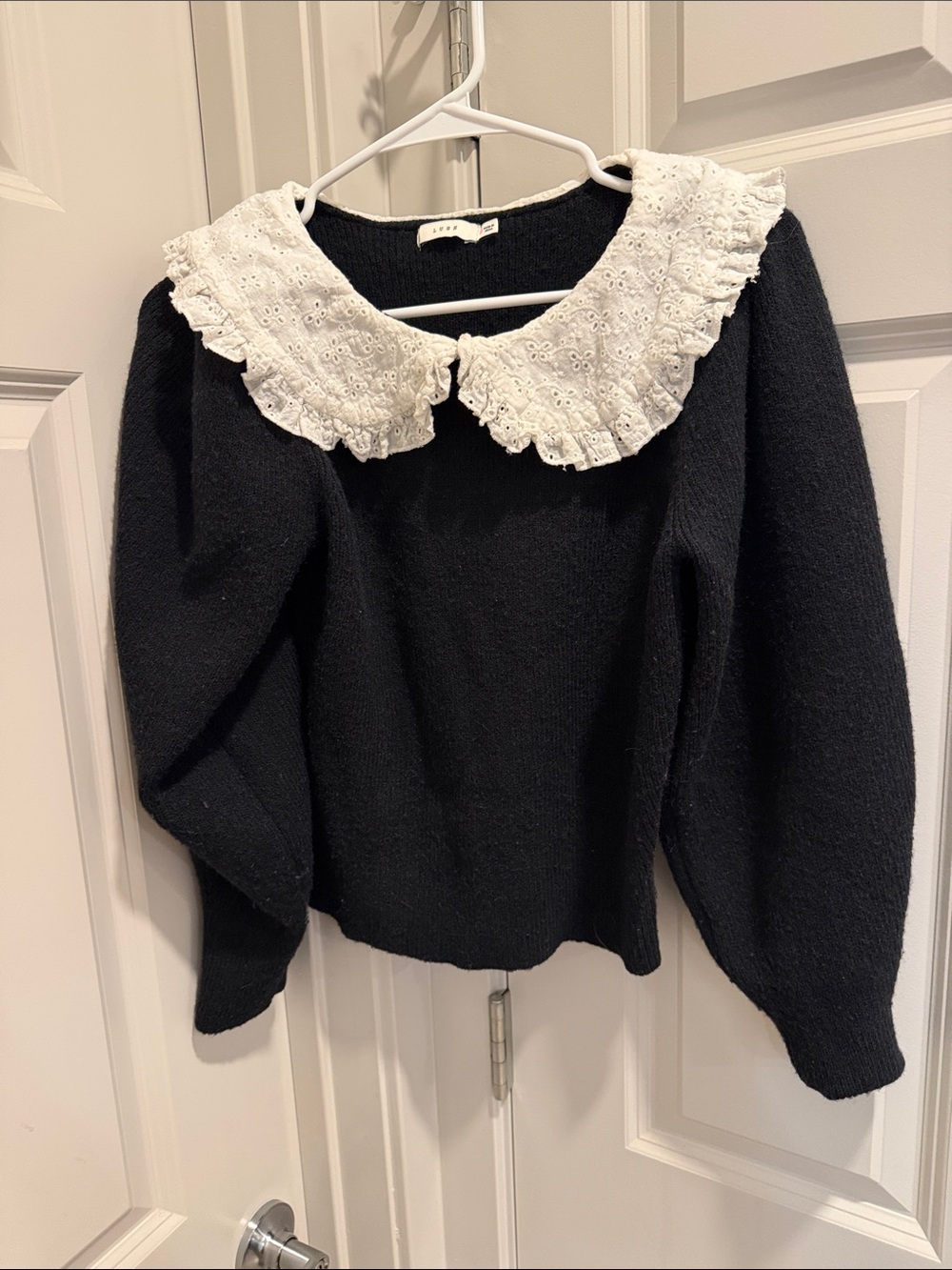 Lush Black Sweater with White Trim Collar